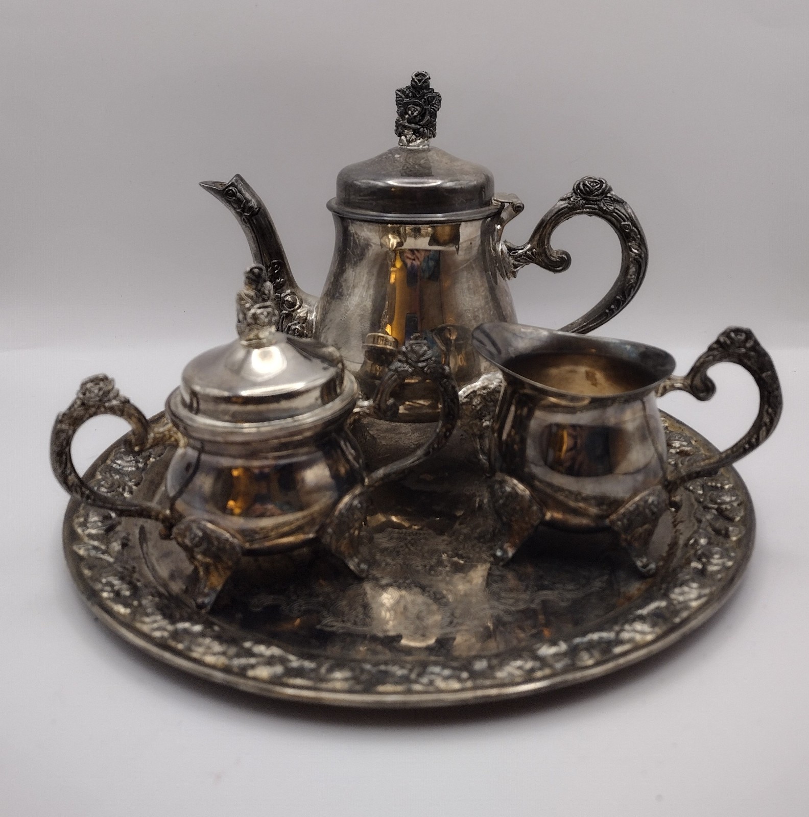 Silver Tone Tea Set Hinged Lid Coffee Pot Lidded Sugar Creamer Tray Indonesia