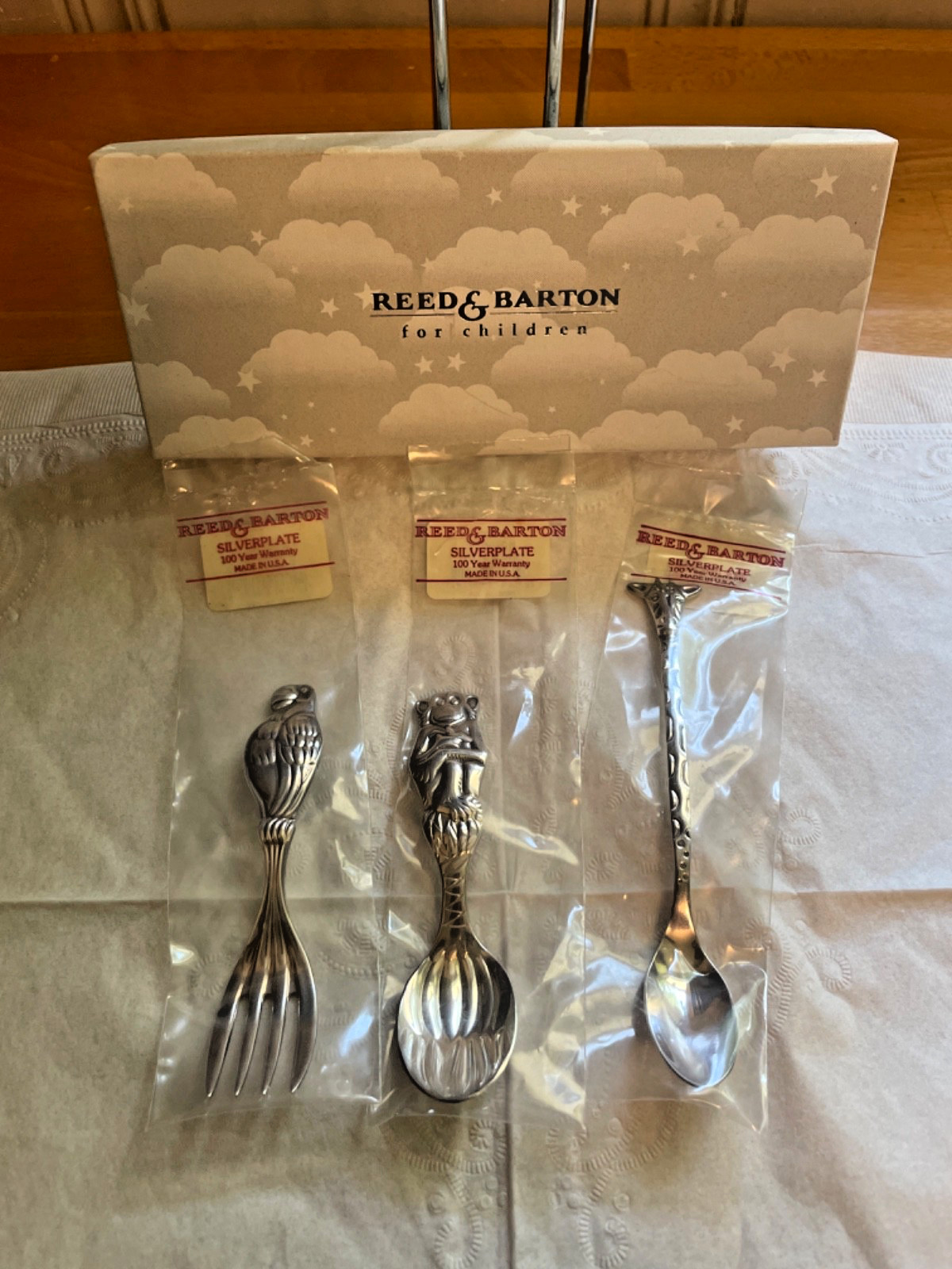 REED & BARTON Silverplate Safari 3 PC Baby Utensil Set Giraffe/Parrot/Monkey