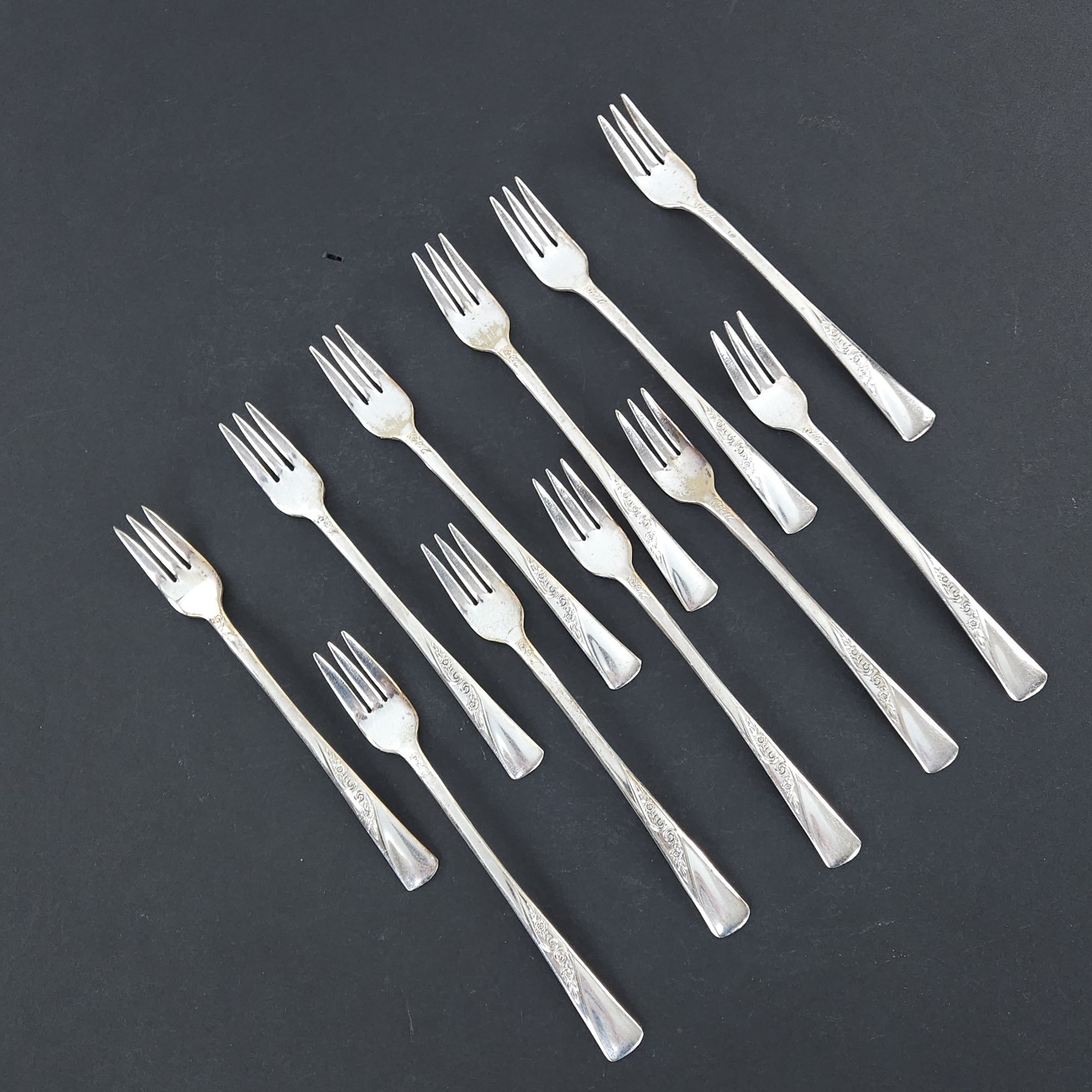 Vtg Revelation Appetizer Cocktail Forks Set 11 FloralSilver Plated 1953