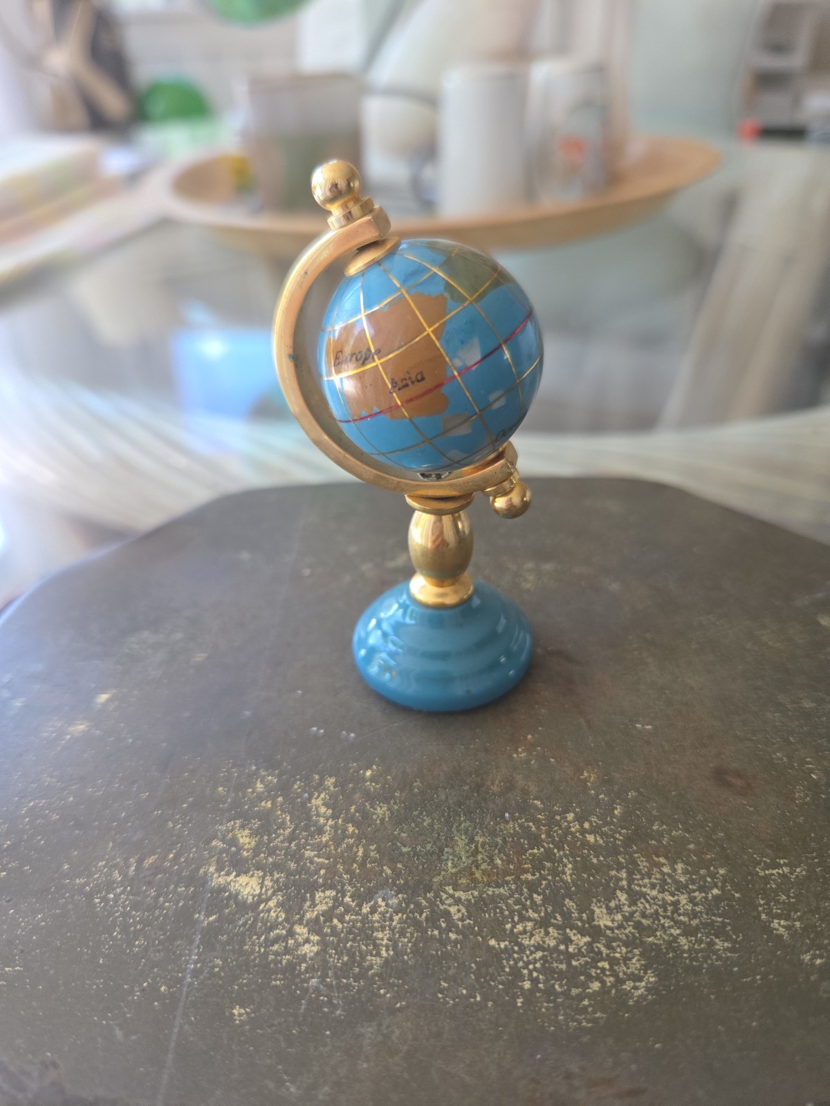 Vintage Mini Globe Paperweight Blue Stone Brass Stand 4.5” Tall Desk Decor