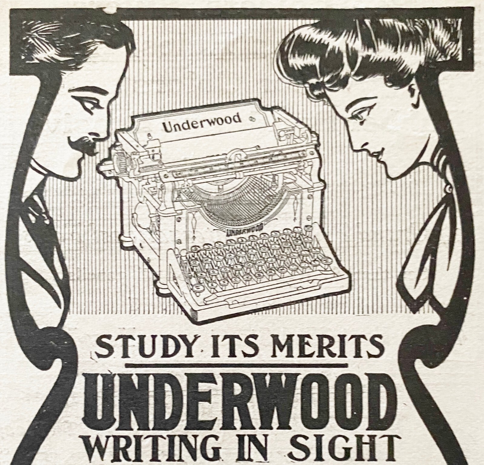 1905 UNDERWOOD TYPEWRITER Visible Writing Machine Print Ad~Man & Woman Study It