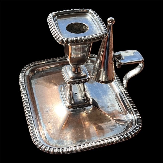 Silver on Copper candlestick, Chamberstick & Snuffer. Antique c.1890–1910