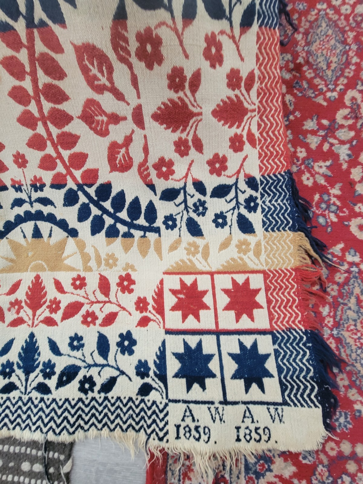 JACQUARD COVERLET COLORFUL SIGNED DATED A.W. 1859 76X90″