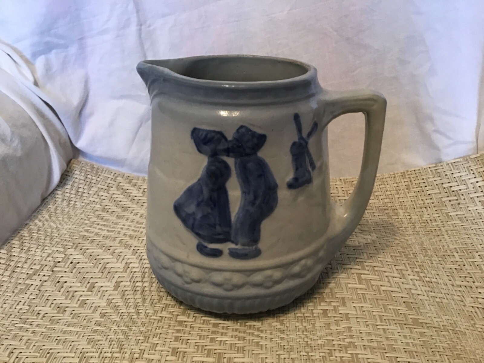 Antique blue & white salt-glazed stoneware pitcher Kissing Dutch couple windmill