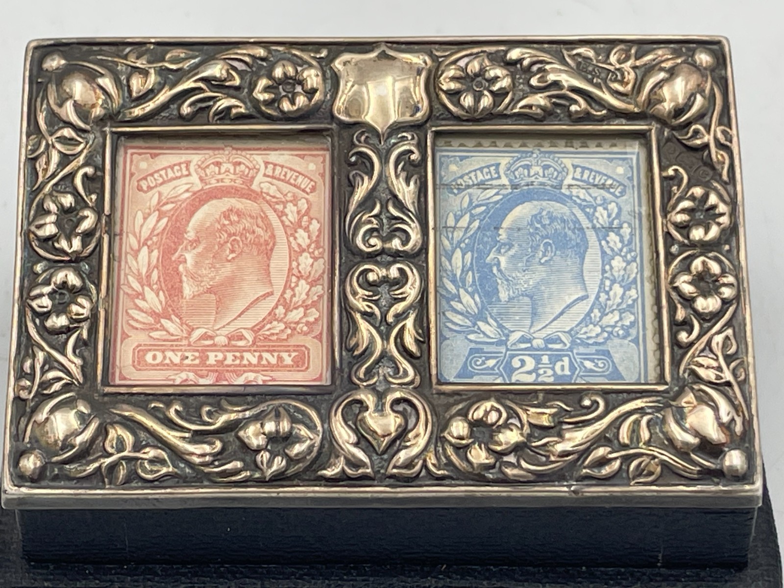 Rare Edwardian Silver & Leather double case Stamp Box