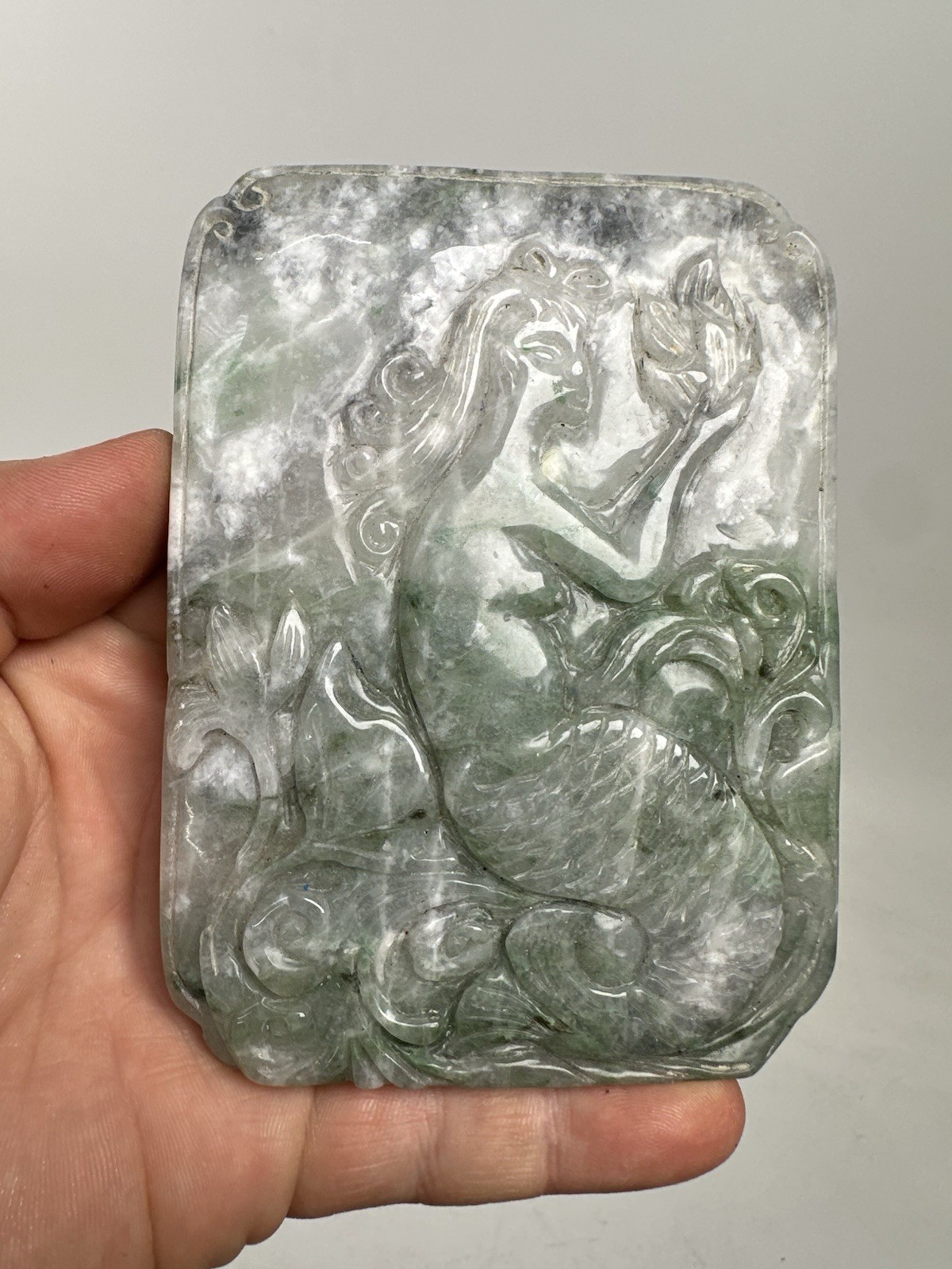 Chinese Carved Ice Frost Jadeite Jade Plaque Of Mermaid Měirényú 1900s 4 5/8”