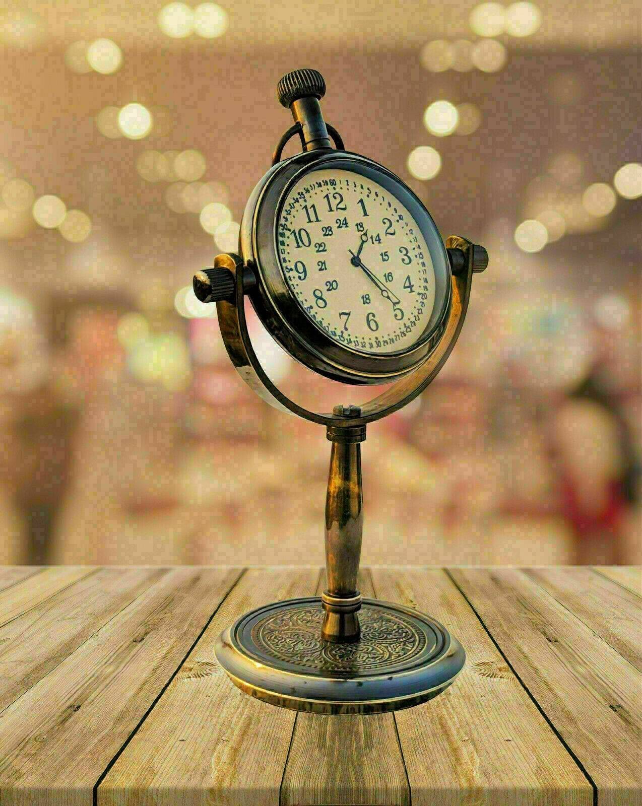 Antique vintage style brass clock handmade home decor with wooden tripod stand