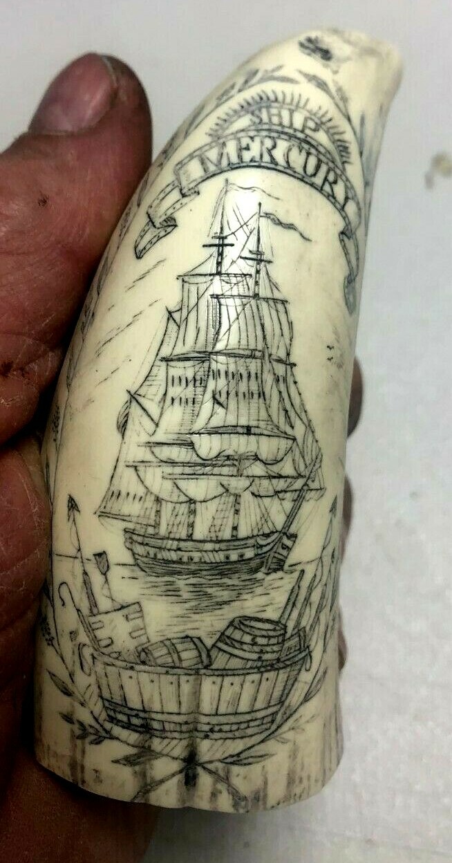 SCRIMSHAW SPERM WHALE RESIN REPRODUCTION TOOTH ” MERCURY”