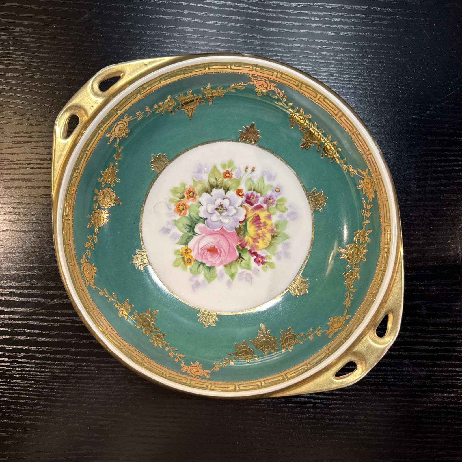 Antique C.1911 NIPPON Moriage Serving Bowl Greek Key Green Gold Floral 9″ Mark
