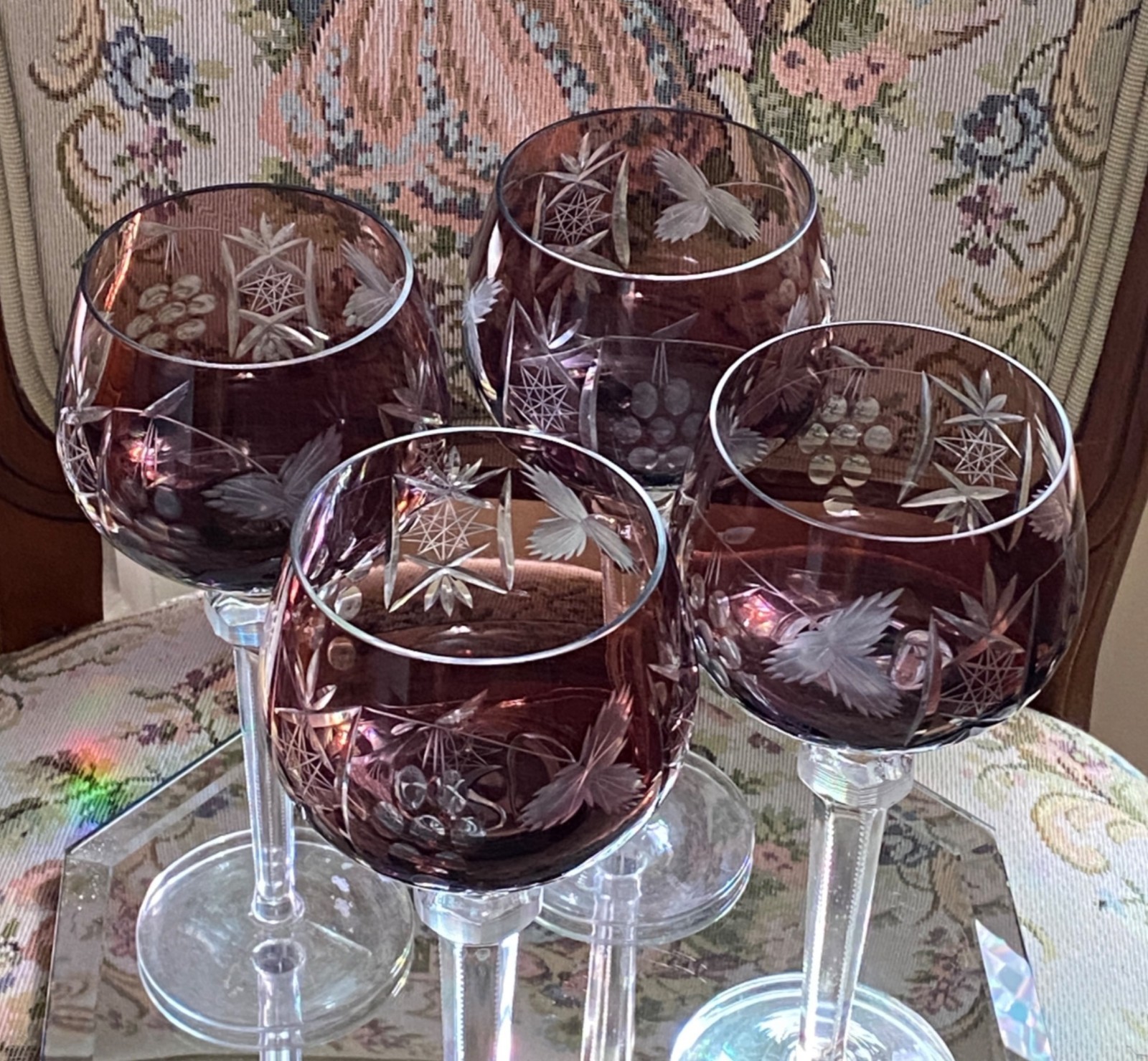 4 Antique Bohemia Glass Wine Glasses Hocks Purple Cut-to-Clear ca. Late 19th C.