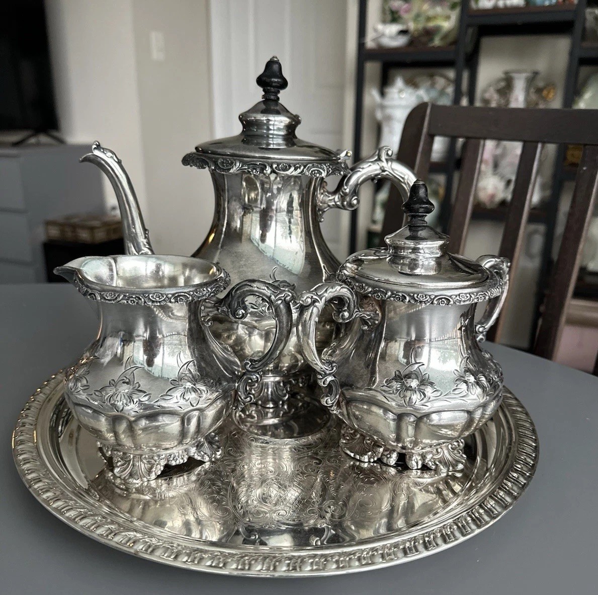 Antique Homan Silver Plate Co Quadruple Plate Tea Coffee Set WM Rogers Tray