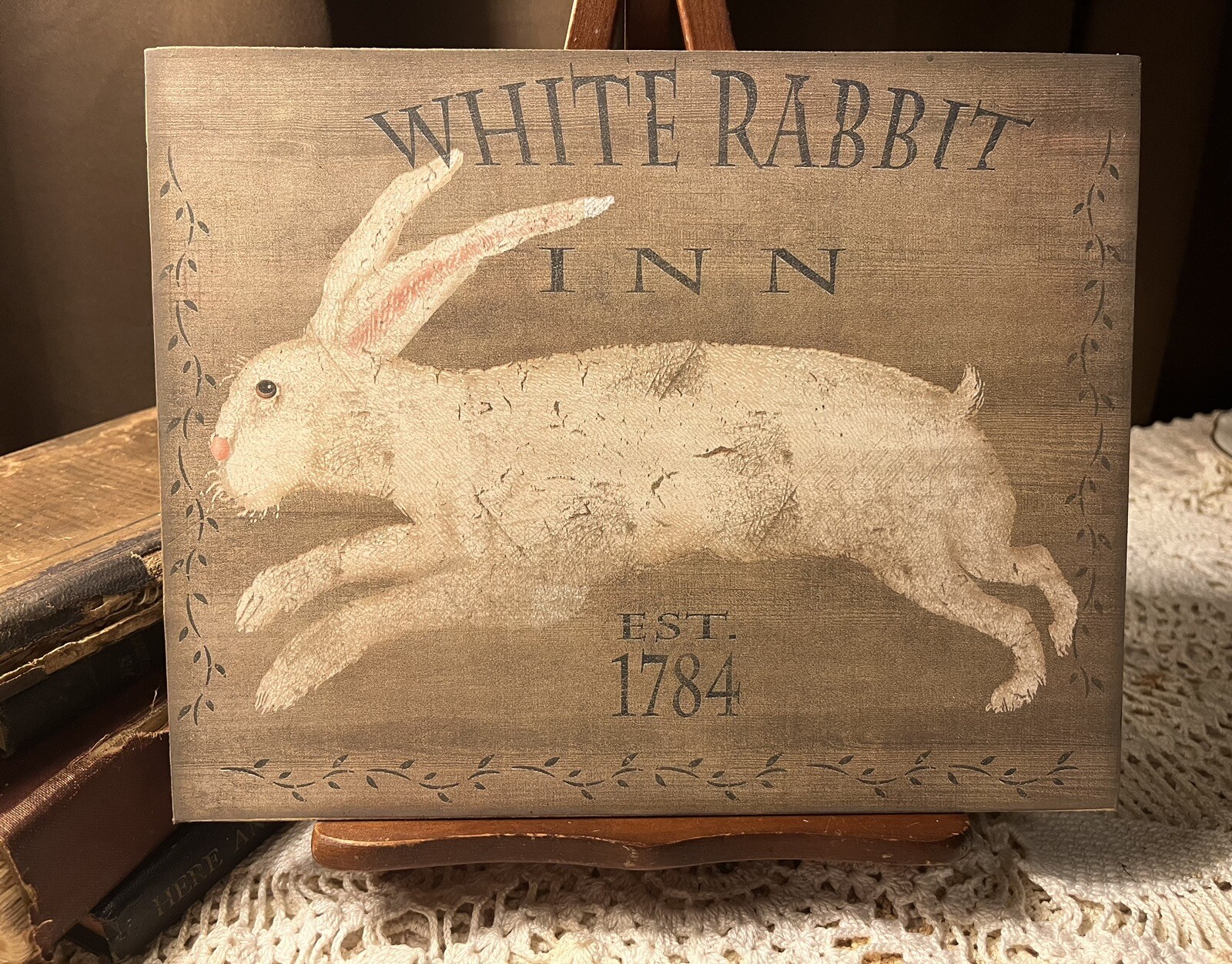 PRIMITIVE Folk Art, White Rabbit Inn EST 1784, Artist Canvas Board Sign