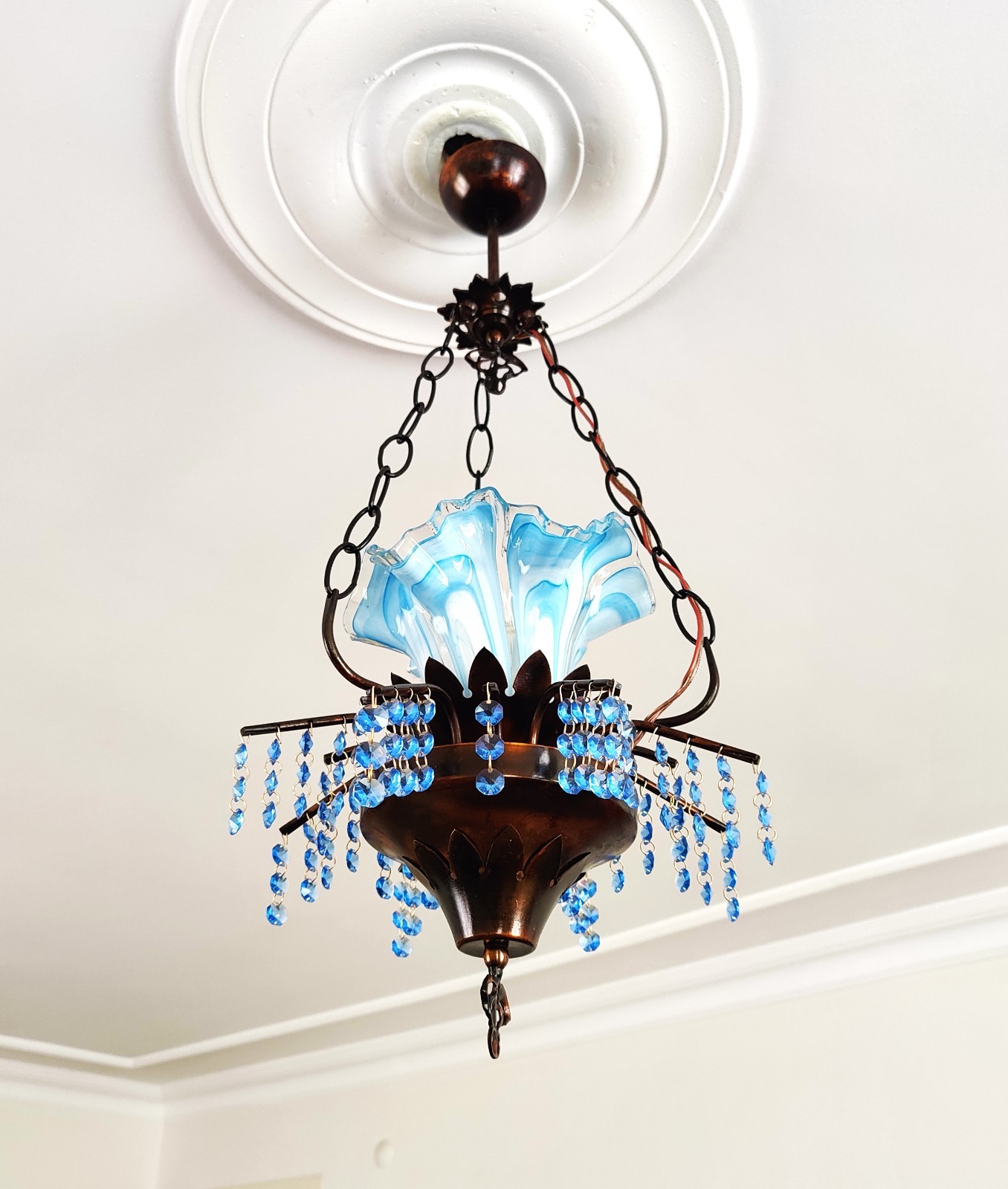 Vintage Brass Chandelier Blue Murano Glass Ceiling Light Brown Antique