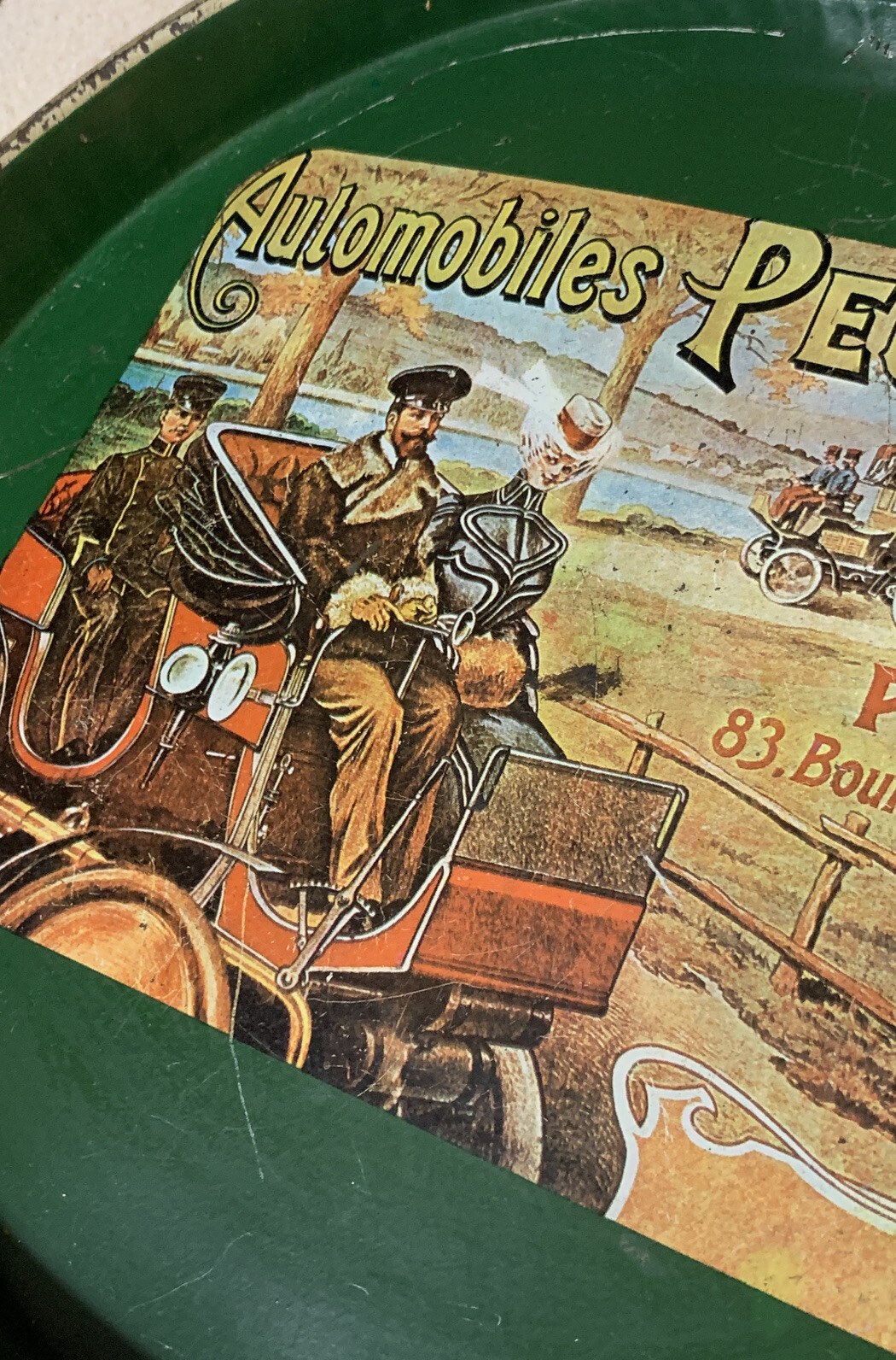 Vintage Peugeot Paris Nevco Automobiles Round Serving Tray made in Hong Kong Tin