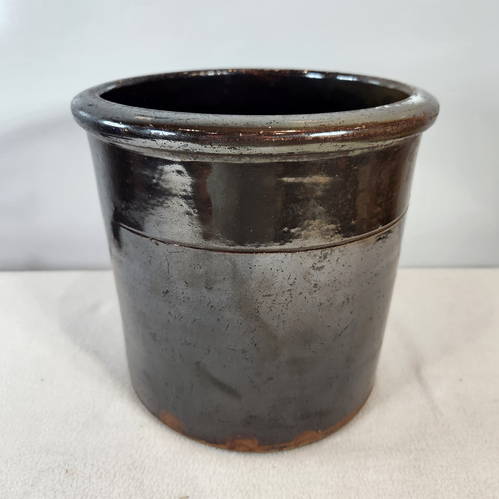Antique Dark Brown Glazed Stoneware Crock Jar~Fingerprints~Country Farmhouse 8″H