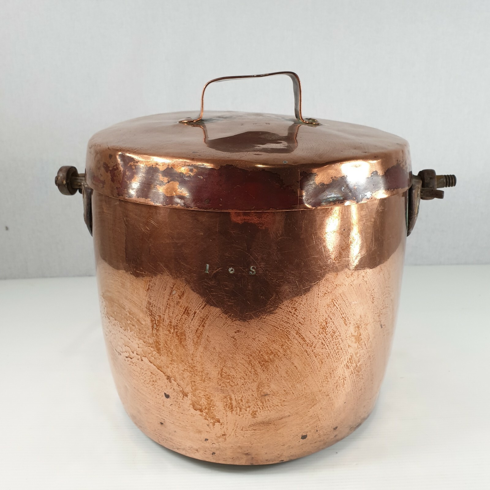 Antique Copper Cooking Pot Saucepan & Lid Stamped “1S” Iron Carring Handle 28cm