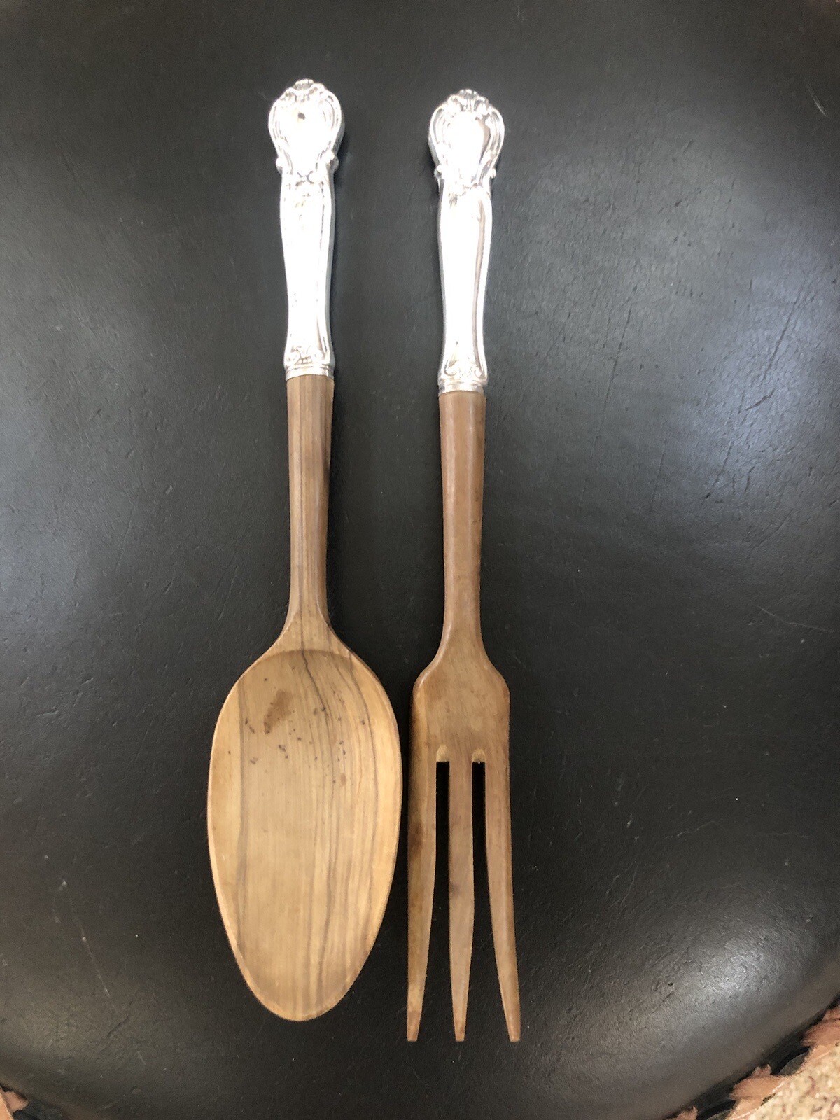 Wooden Salad Serving Fork And Spoon with Sterling Silver Handles