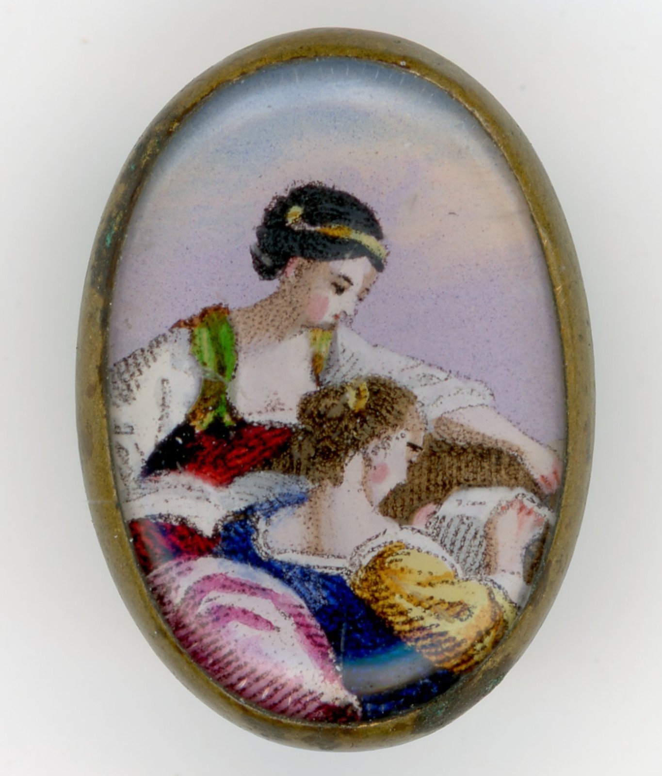 18th 19th C Miniature Domed Glass Hand-Painted Button w/ Shank Two Women Reading