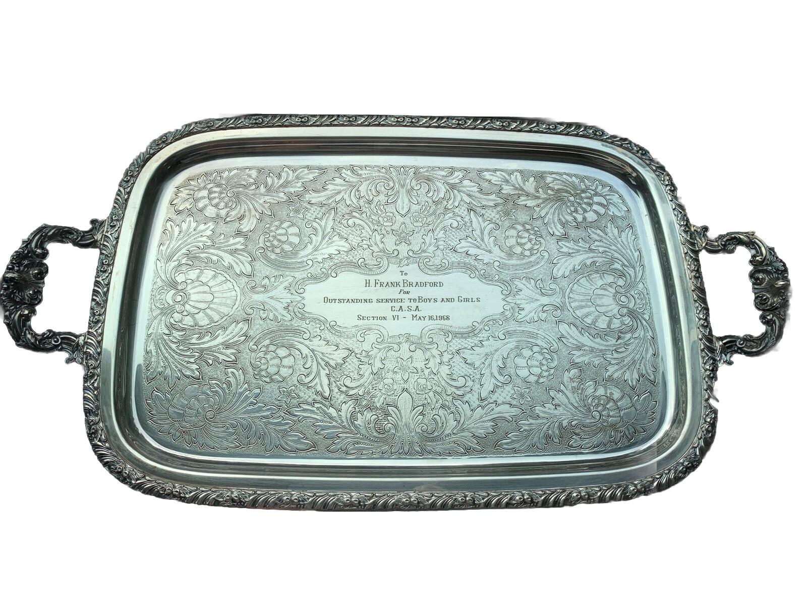 VTG Oneida Silver Plate Serving Tray Henley 23″ Tudor Plate Ornate Waiter Butler