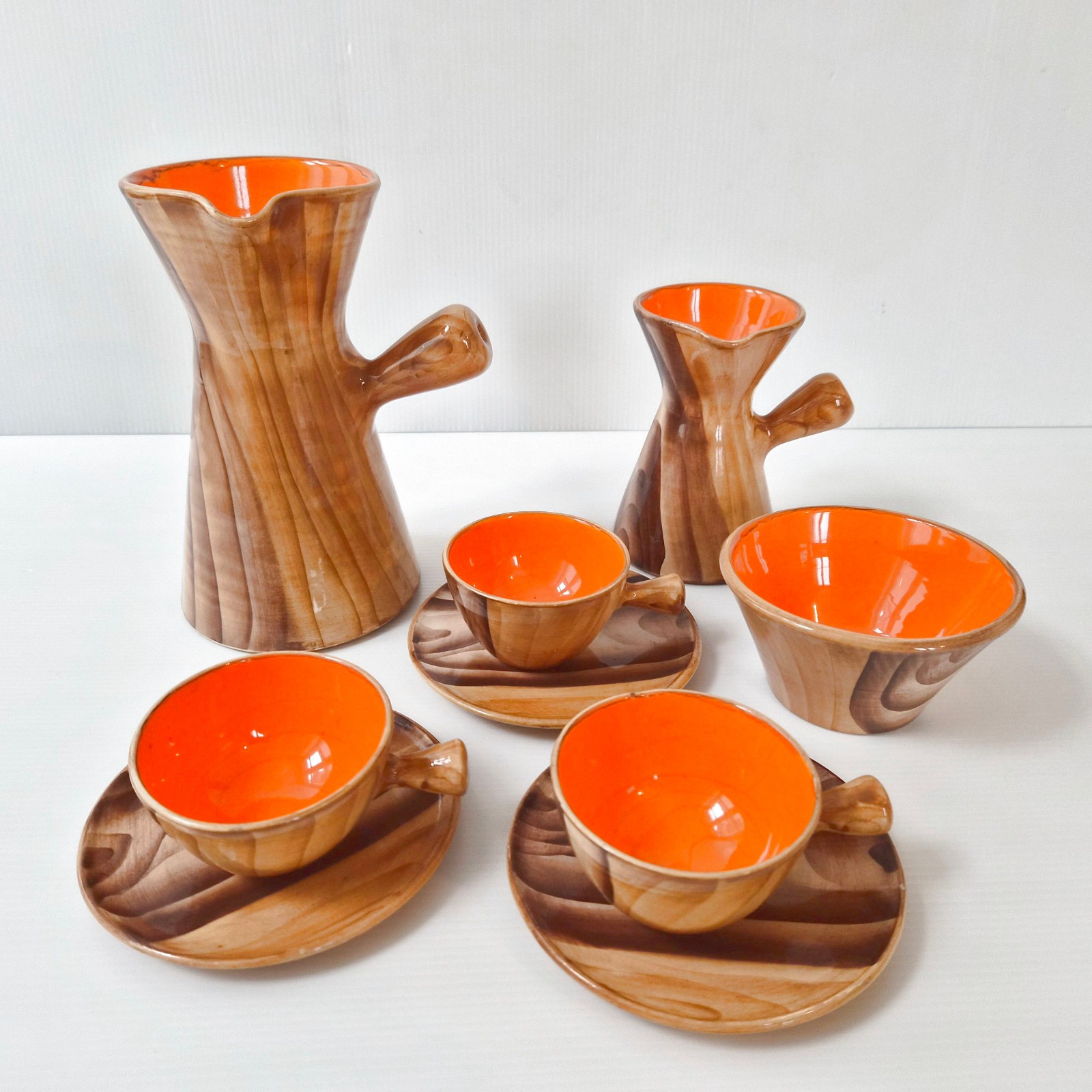 Vintage French Coffee Service 1960 Ceramic Faux-Wood Vallauris 60S 1969S