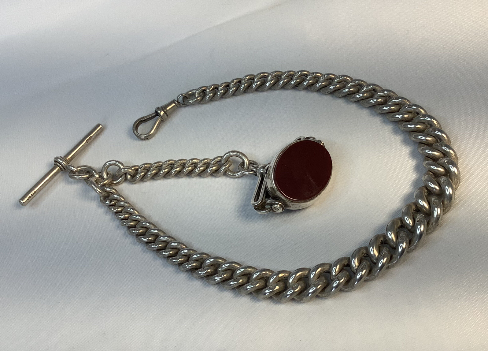 ALBERT CHAIN ANTIQUE HM SILVER SINGLE GRADUATED SWIVEL CARNELIAN/AGATE FOB 1887
