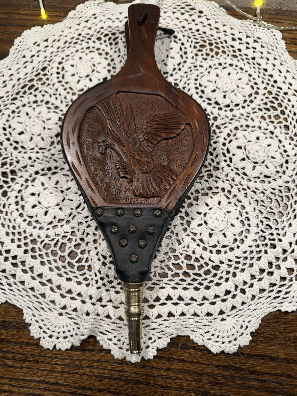 Vintage Fire Bellows~Wood ~Leather Fireplace – With Carved Eagle Front