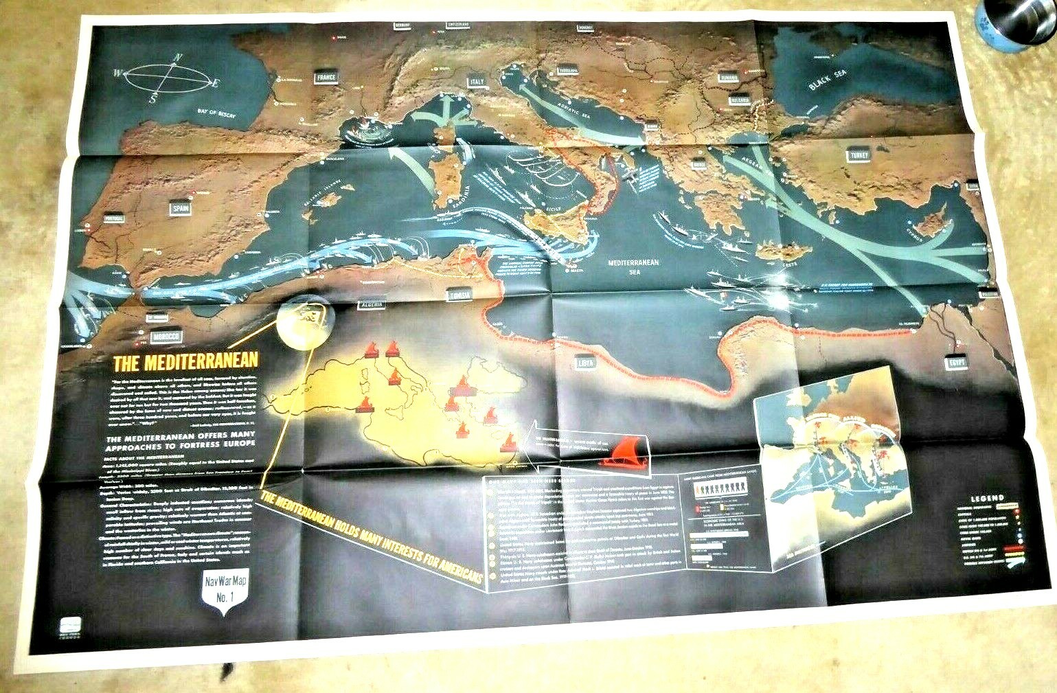 VINTAGE GIANT ILLUSTRATED MAP WWII ITALY GREECE SPAIN SHIPS ON FIRE PLANES 944