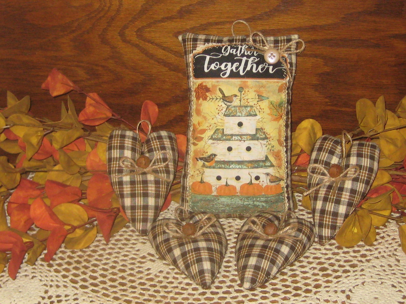 Rustic Fall Farmhouse Fabric Sign 4 Hearts Handmade Wreath Accents Birdhouse