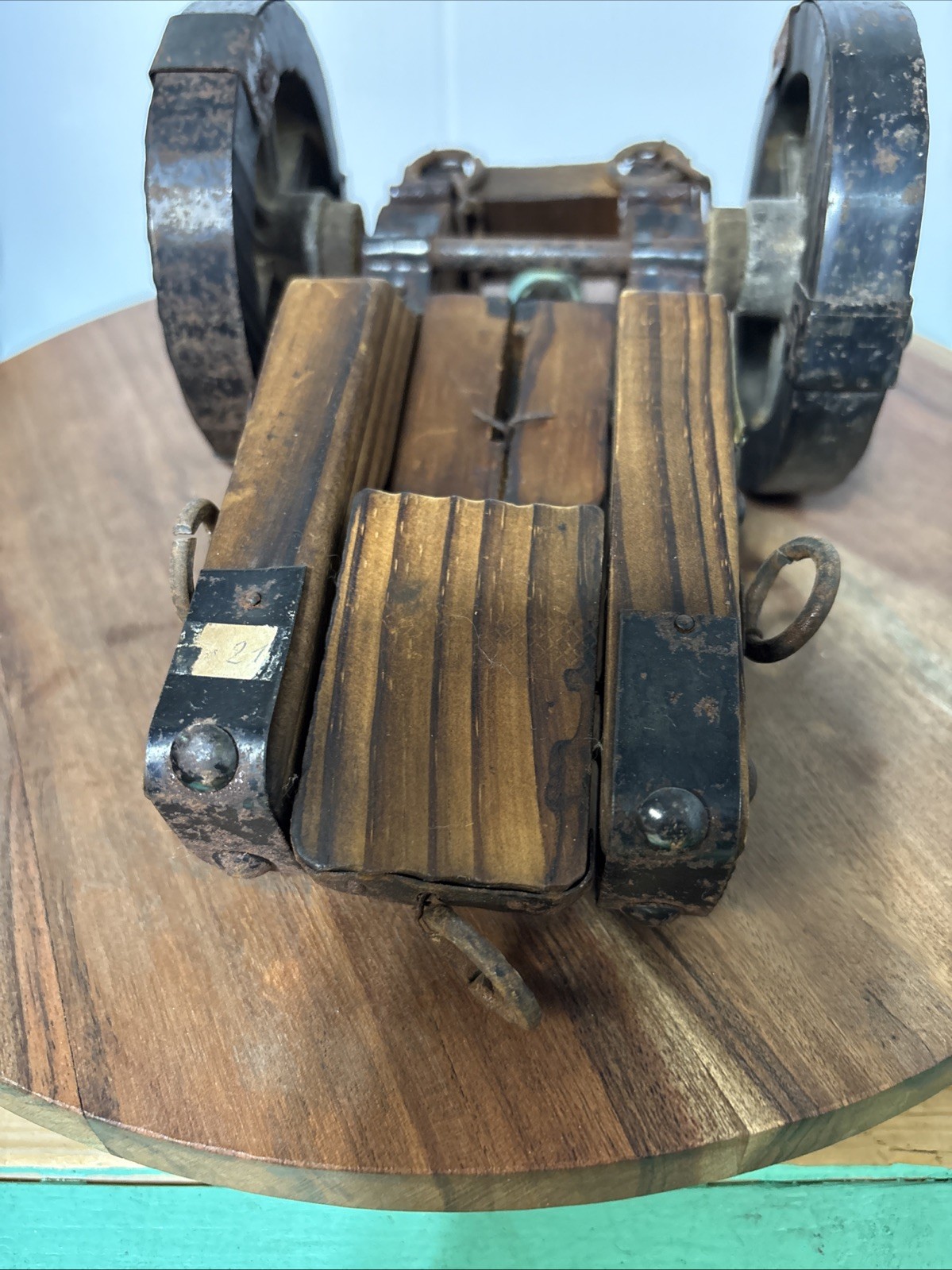 Vintage Spanish cannon replica wood base and copper cannon and steel studs