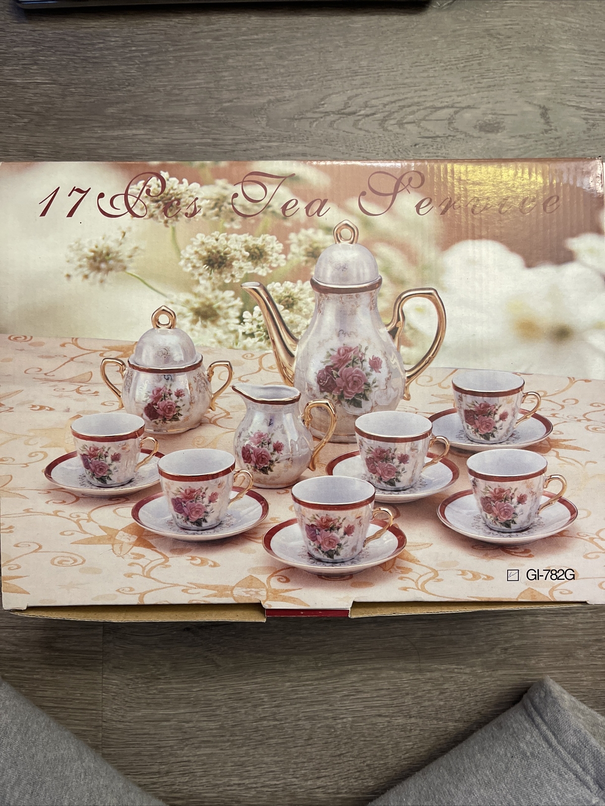 Antique Chinese Transitional Tea Cup Set of Six (6) Gold/White/Pink Flowers