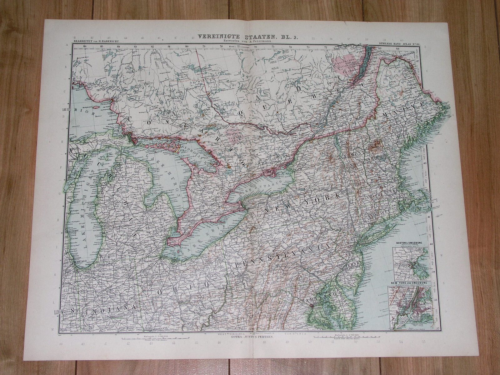 1911 ANTIQUE MAP OF NORTHEAST USA NEW YORK MAINE GREAT LAKES / ONTARIO CANADA