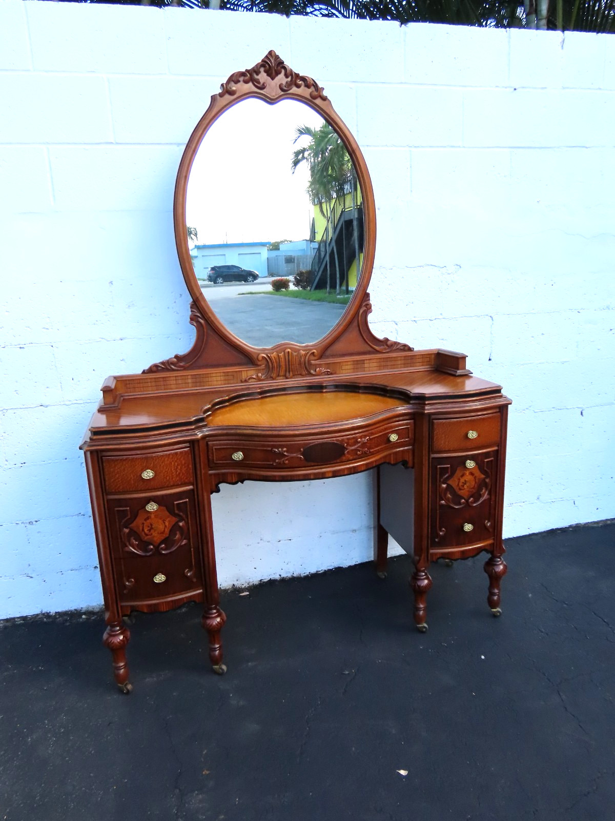 Early 1900s Carved Inlay Vanity Makeup Table 6611