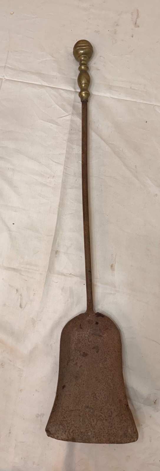 antique 18th century wrought iron turned brass English fireplace shovel tool 19