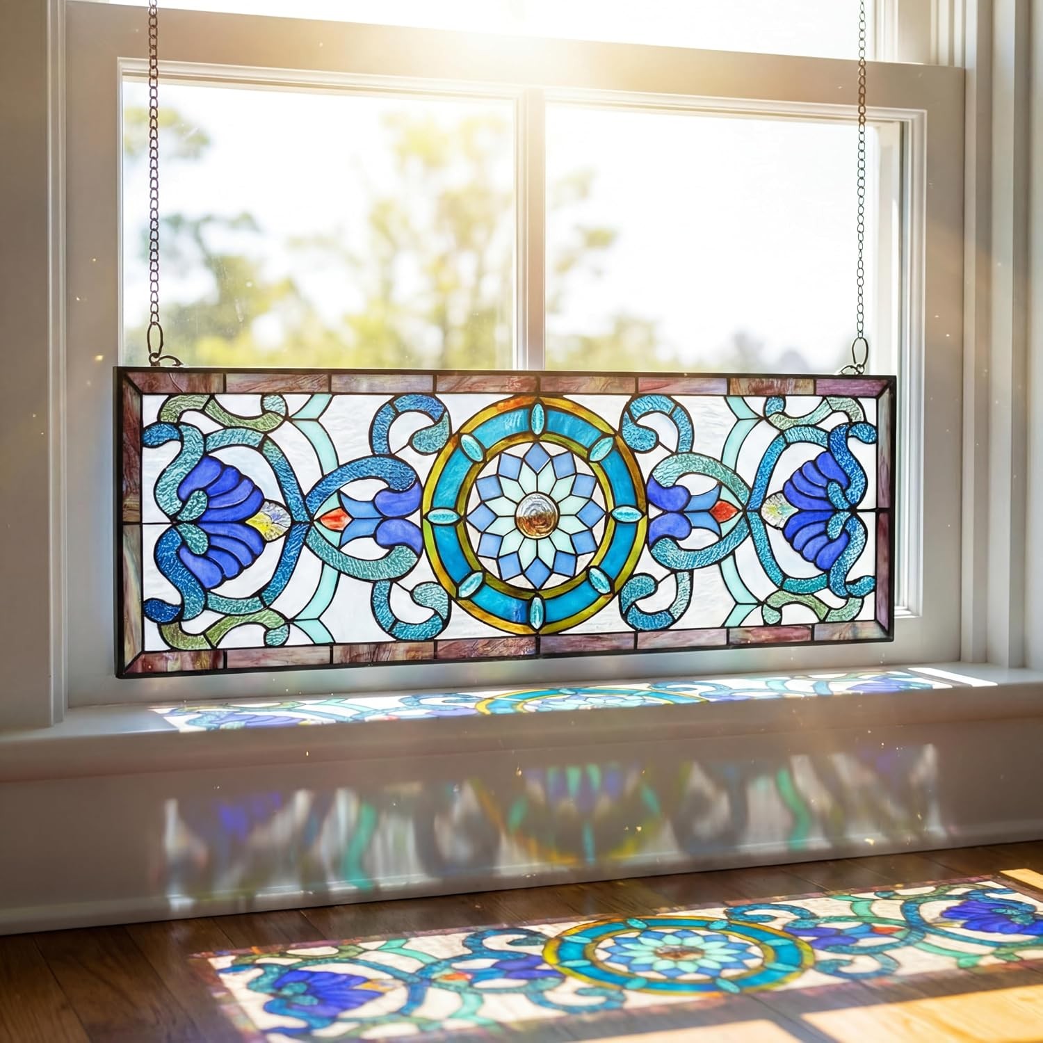 Extra Large Stained Glass Window Panels 35×12 Blue Victorian Style Kit with