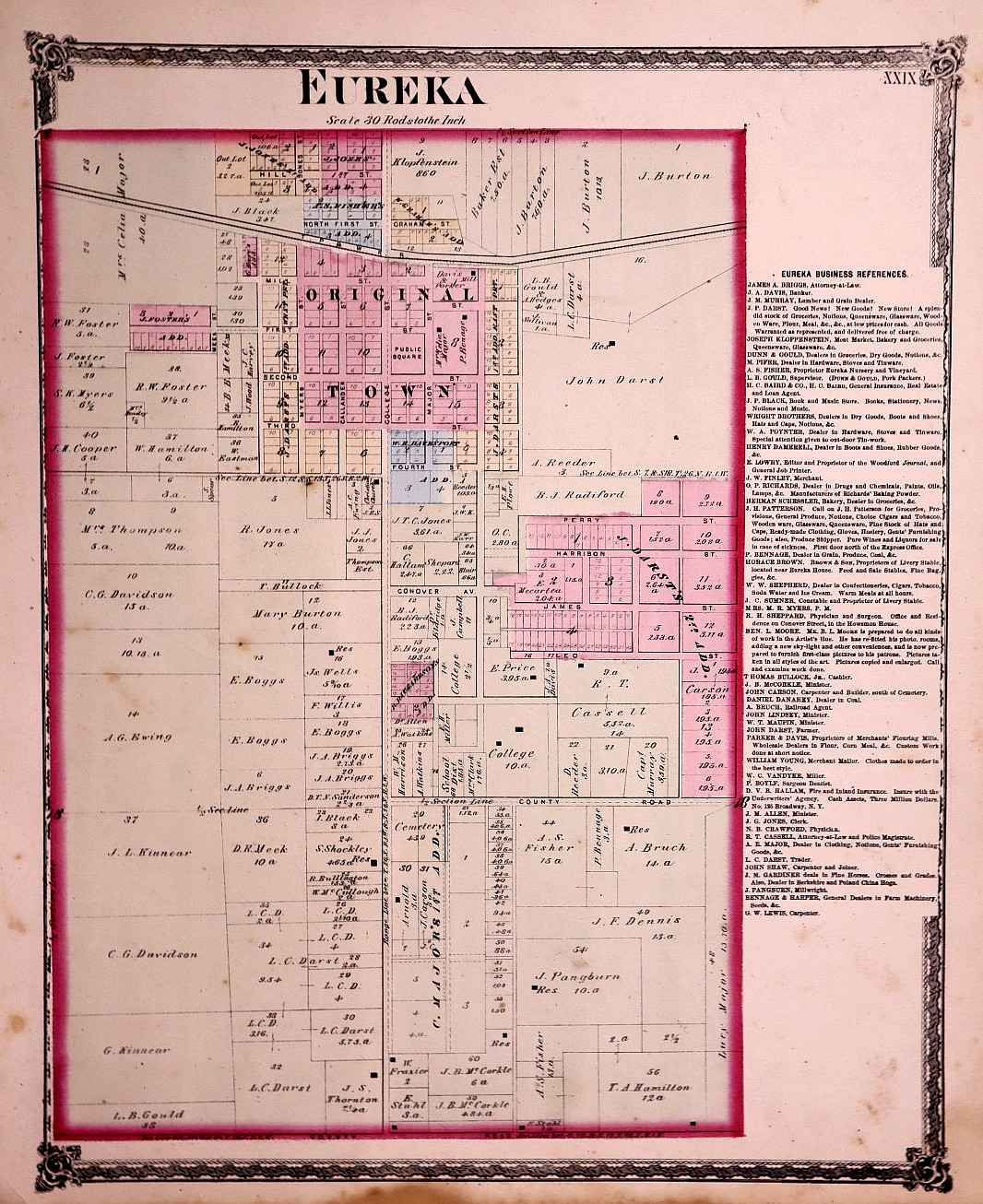 Rare Antique 1873 Plat Map ~ Eureka, Woodford County, Illinois 15×18