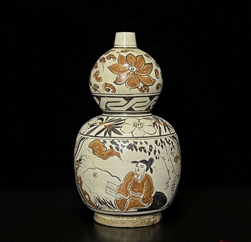 26CM Old Chinese Ci Yao Ci Kiln Gourd Vase w/figure N524