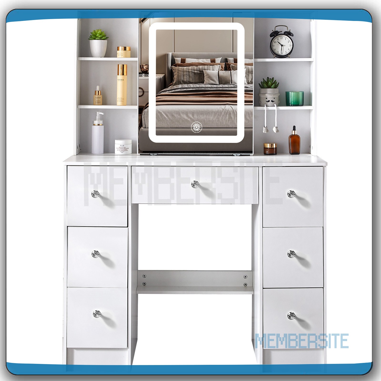 Vanity Table with Smart LED Sliding Mirror Makeup Vanity w/ 7 Drawers 9 Shelves