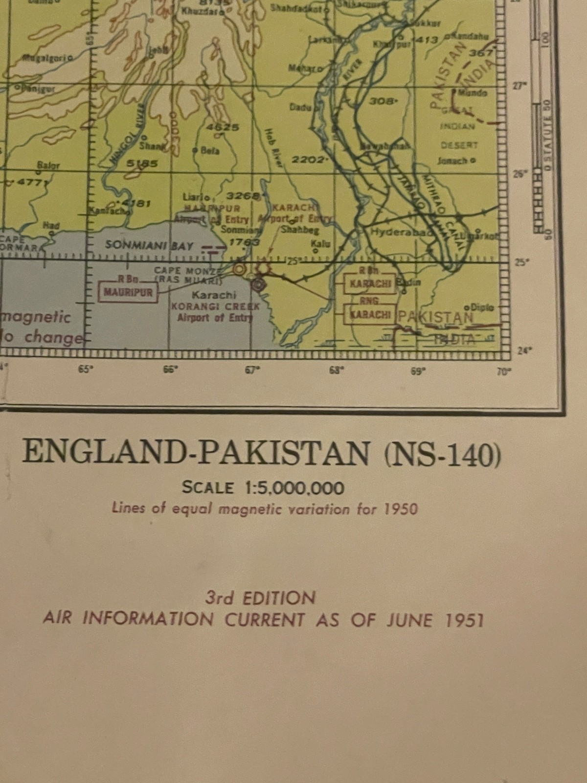 1951 Vintage USAF Aeronautical Chart England Pakistan NS 140 Map 3rd Ed Crisp
