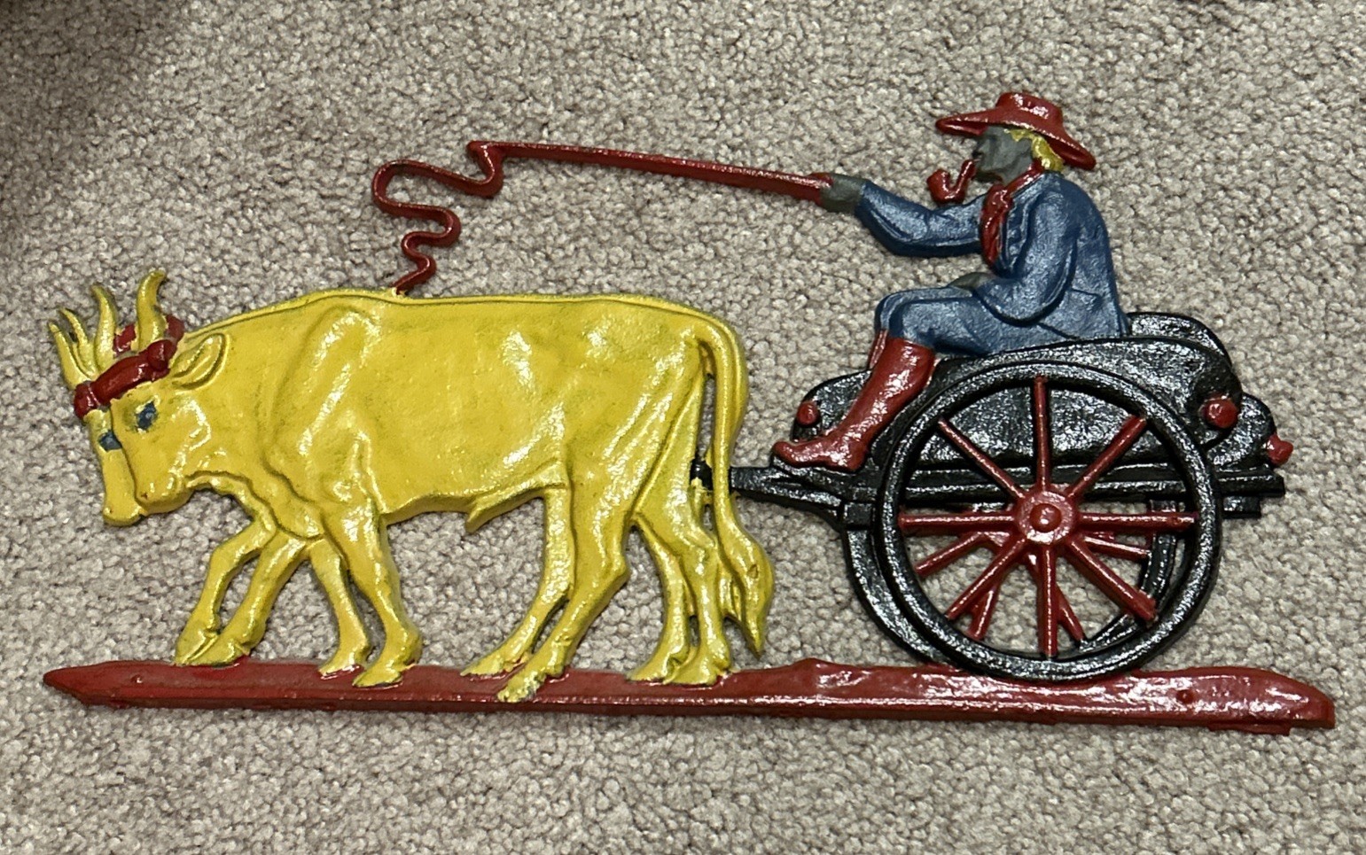 Vintage Painted Aluminum Farmer W/Whip Oxen Cart /Wagon Metal Display Sign ~7×14