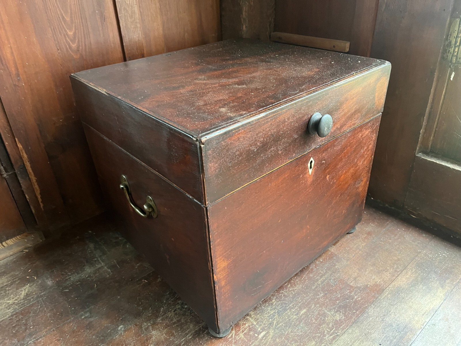Merchant Sea Captain’s Liquor Chest, Circa 1800, Mahogany w Inlay, Brass, Ivory