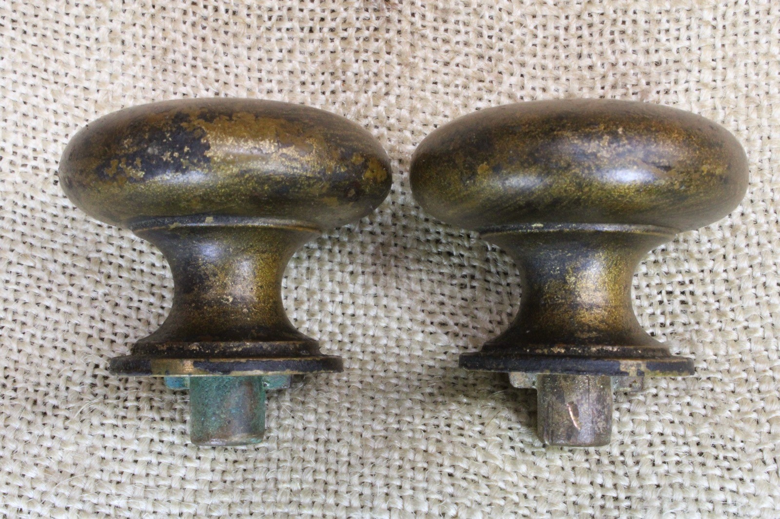 2 Old 1 1/2” Large Door Knobs Drawer Pulls Furniture Brass 1800’s Nice Patina!