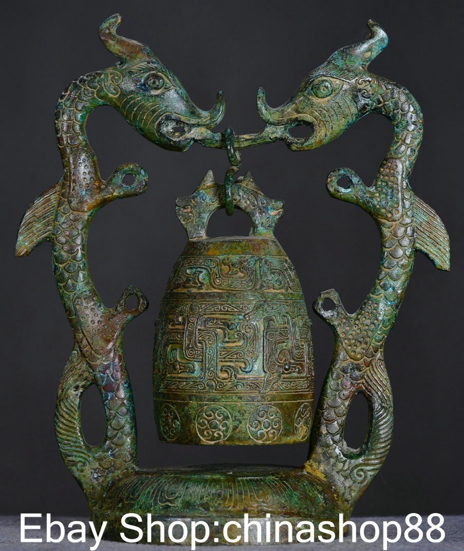 9.6″ Old China Bronze Ware Dynasty Palace Double Dragon Beast Zhong Bell