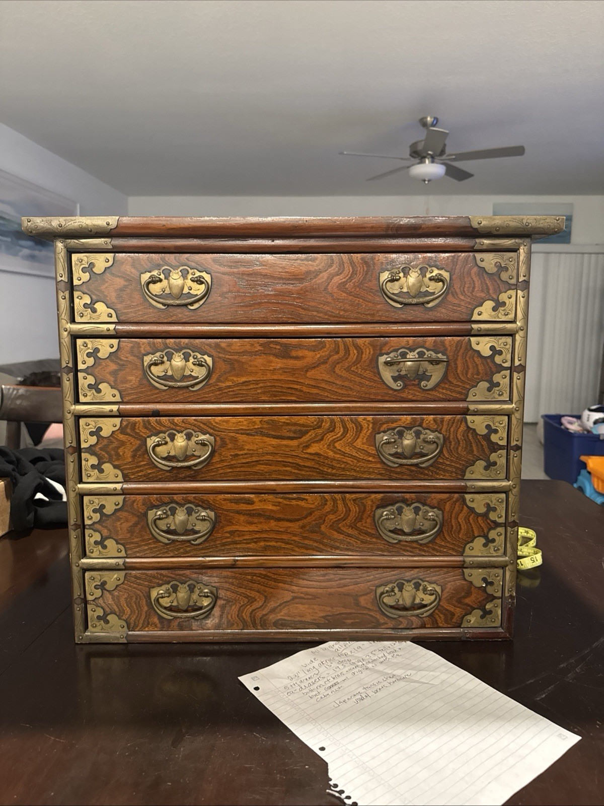 Vintage Korean Elm Apothecary Chest / Jewelry Cabinet – 5 Drawer Brass Hardware