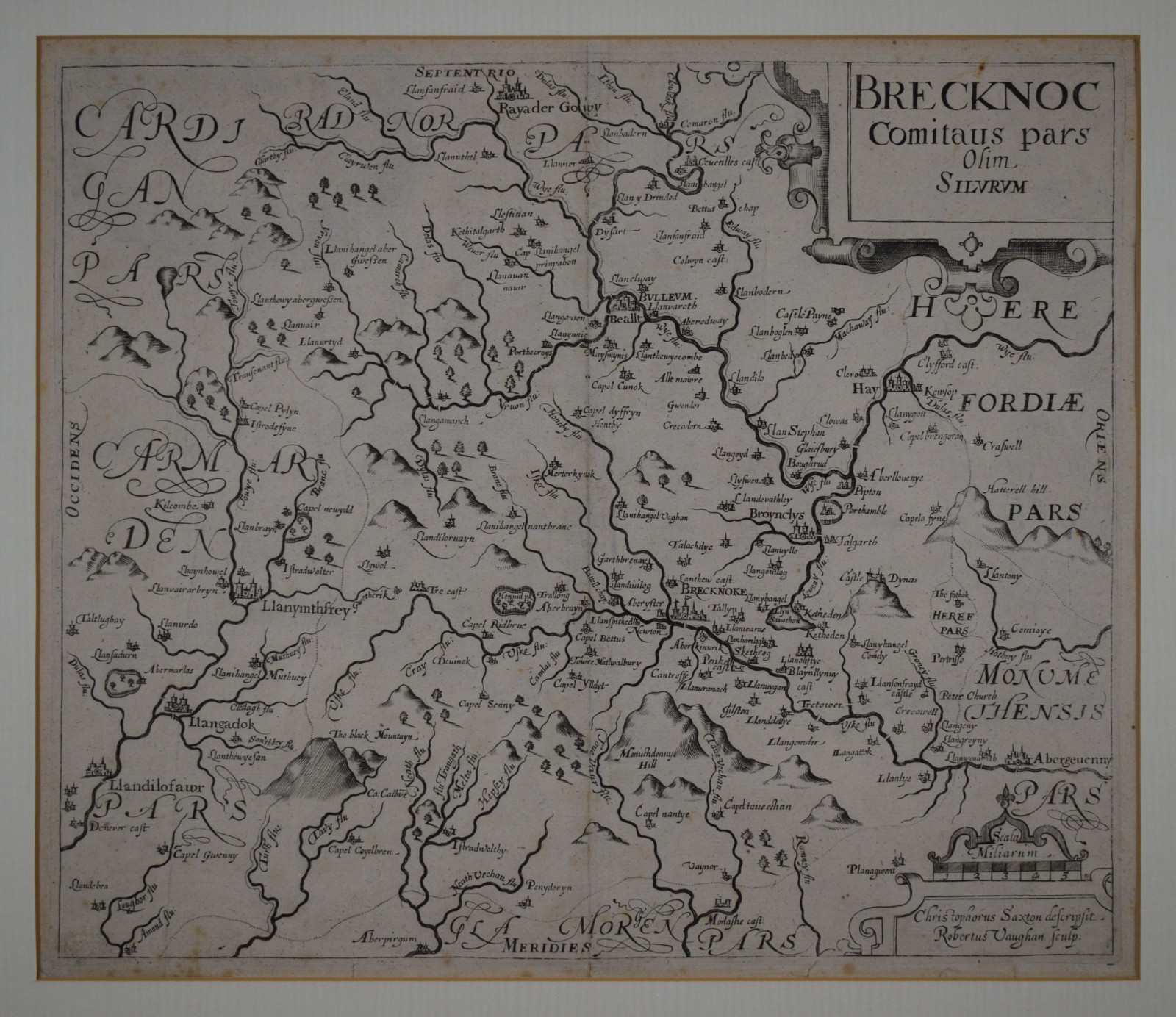 Breckonoc Comitaus – Saxton & Robert Vaughan 1637 copperplate engraved map.