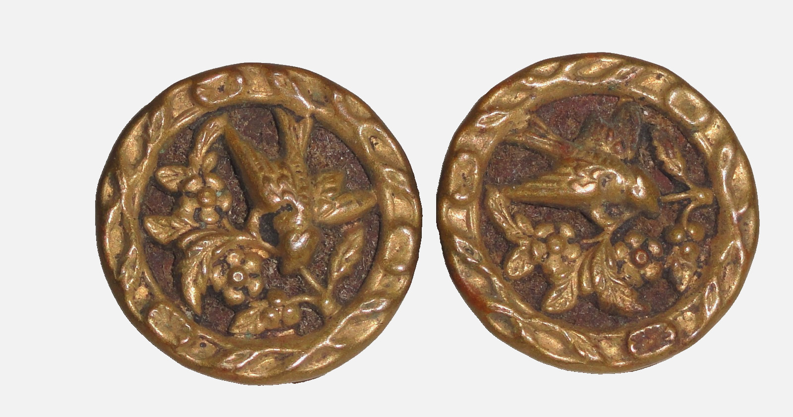 2 Matching Antique Buttons ~ Hummingbirds & Flowers ~ Gold w/Dark Background