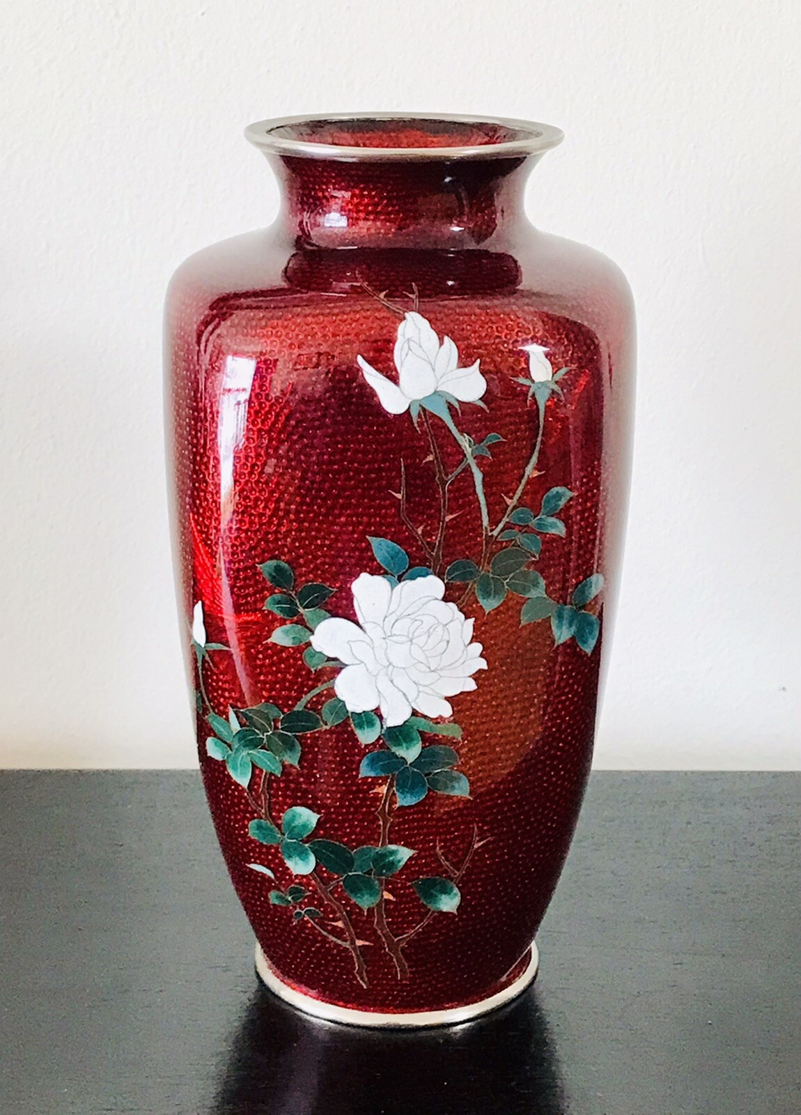 Square Shape 8.5 In Tall Japanese Pigeon Blood Ginbari Cloisonne Rose Bird Vase