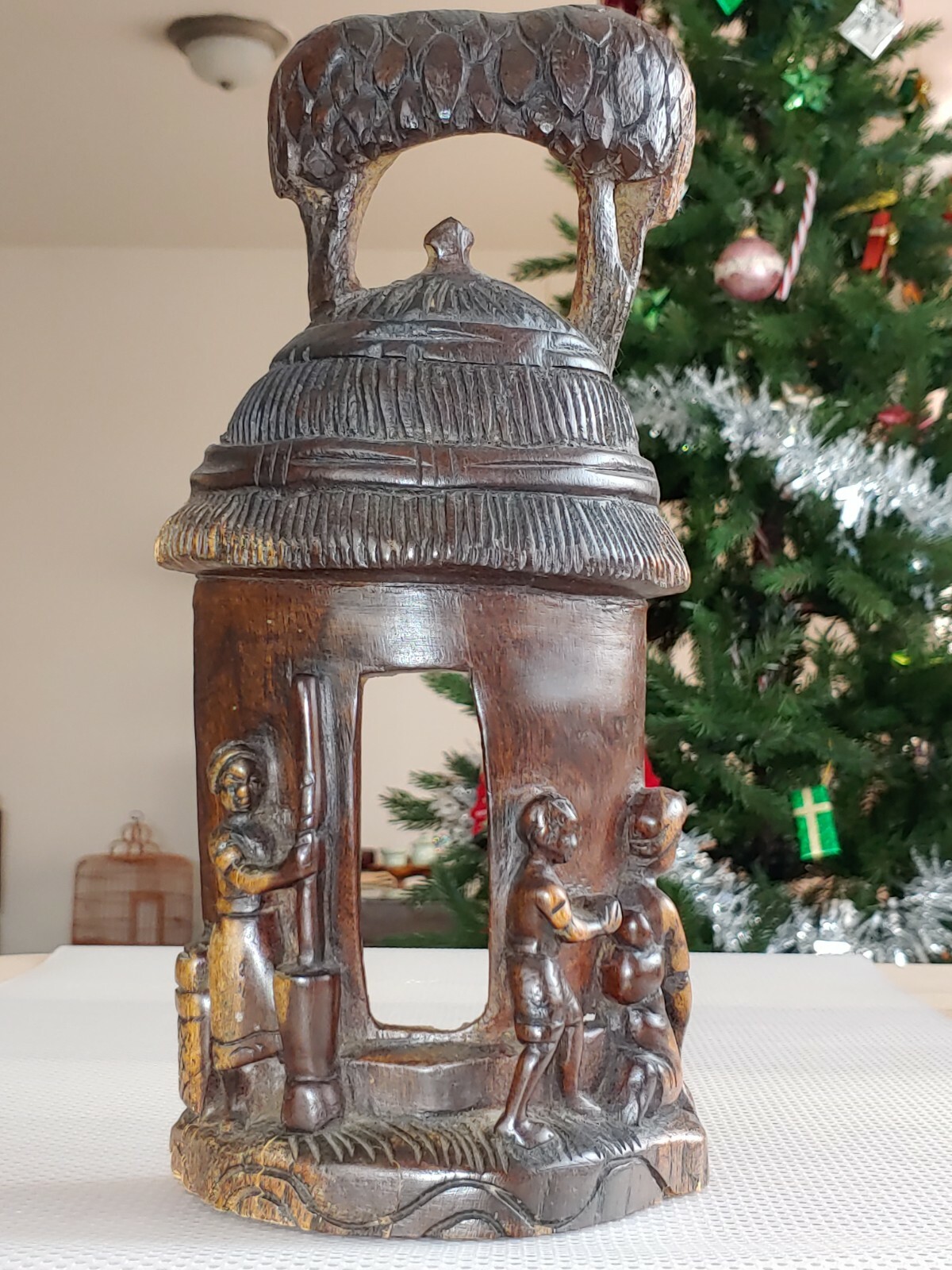 Antique African Rosewood Carved Village House Working People Statue Home Office