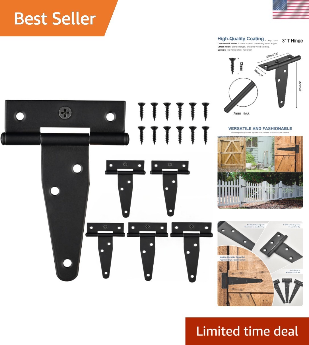 Durable 3 Inch T-Strap Hinges – 6 Pack Black Steel for Garden and Shed Doors