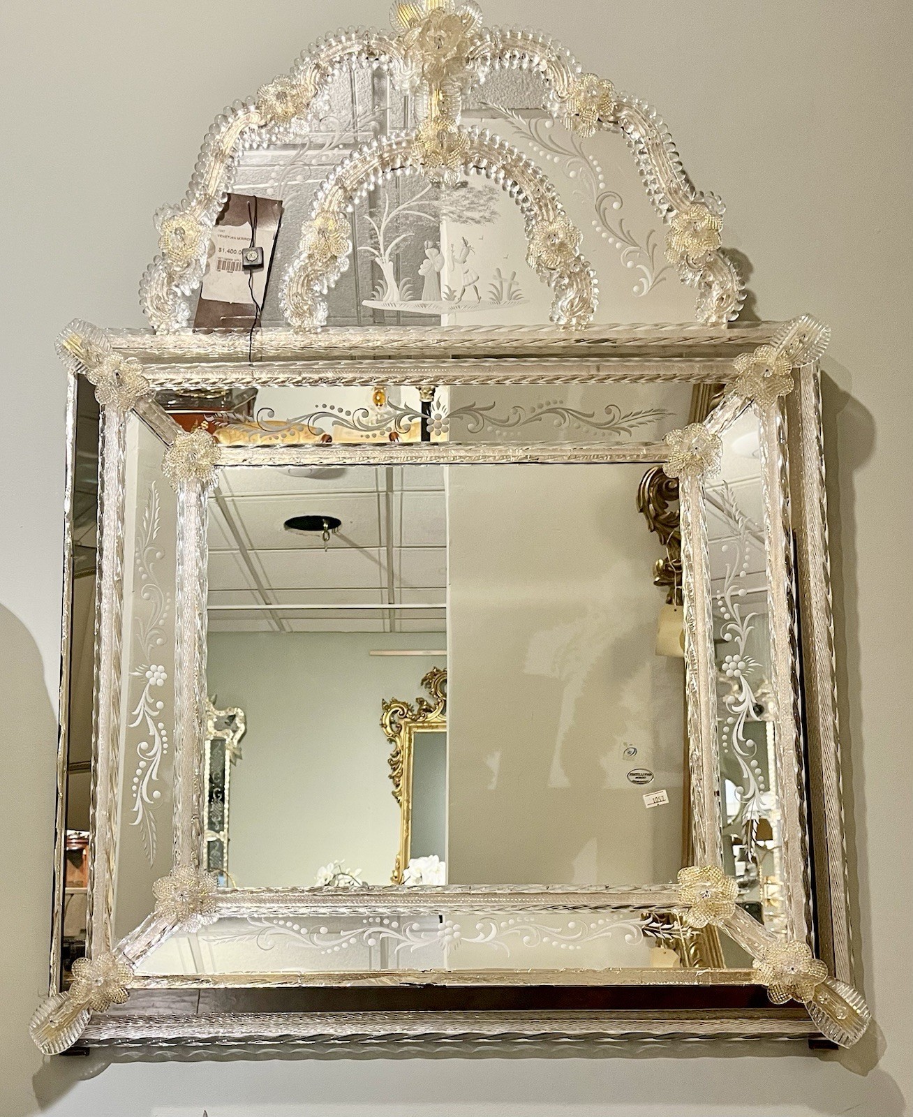 Vintage Fratelli Tosi Murano Glass Venetian Mirror 41″x28″ Etched Crest – AS IS