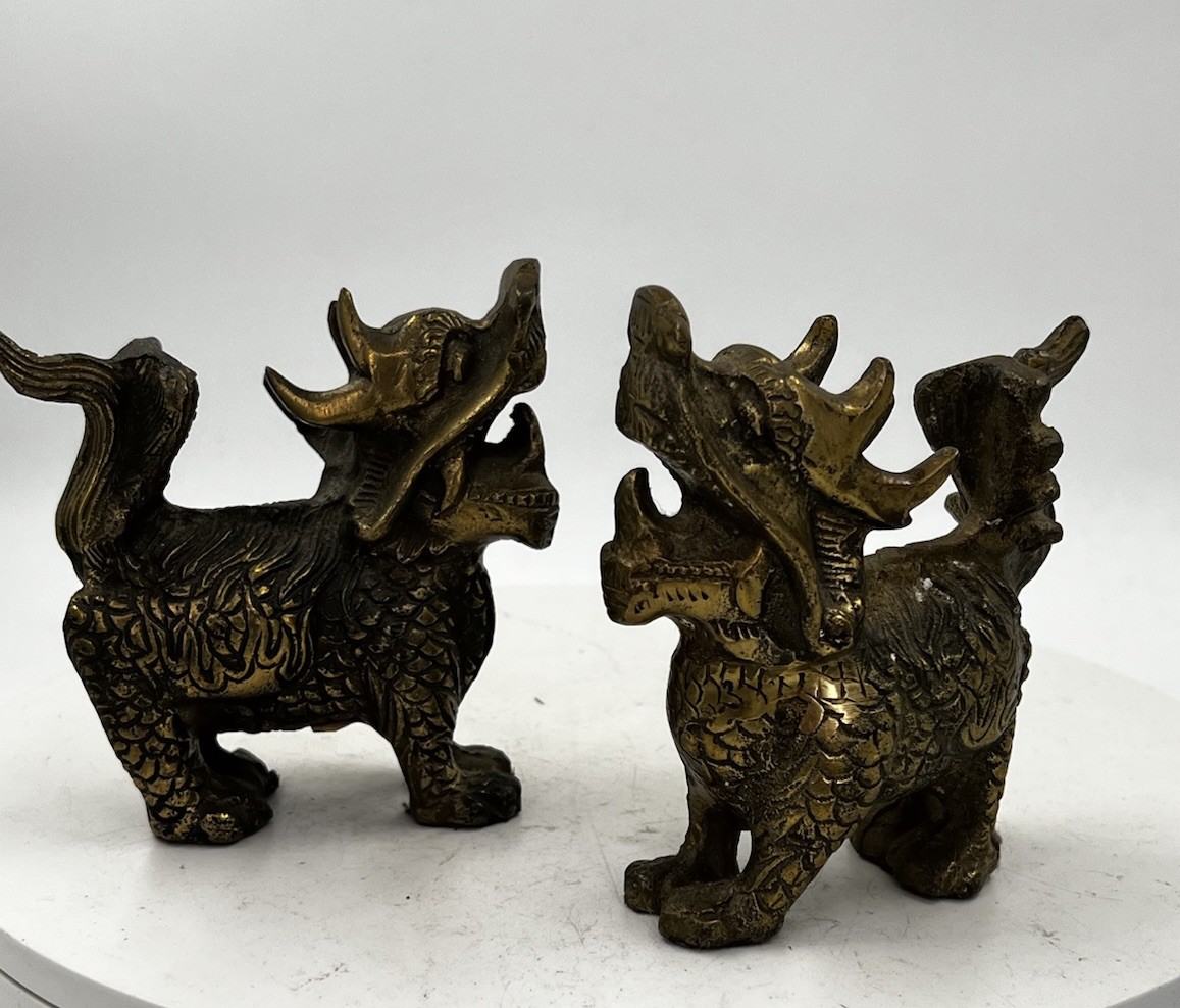Brass Foo Dog Pair Guardian Lion Statues Feng Shui Kirin Qilin India Vintage